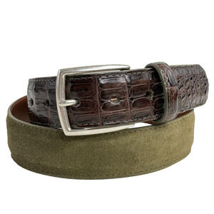 Onward Reserve Brown Crocodile Green Suede Belt 36 Silver Brass Buckle 1-3/8 EUC